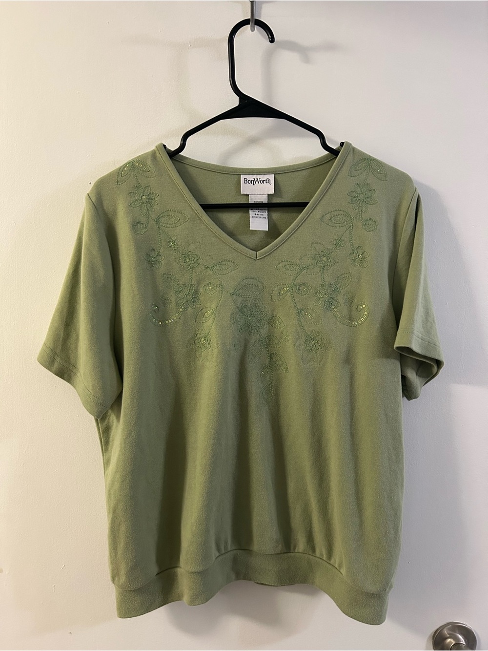BonWorth Olive Green V-Neck Embroidered Short Sleeve Tee